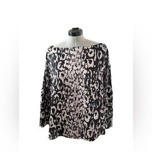 Jennifer Lopez Black and Cream Bell Sleeve Animal Print Boat Neck Blouse- XL